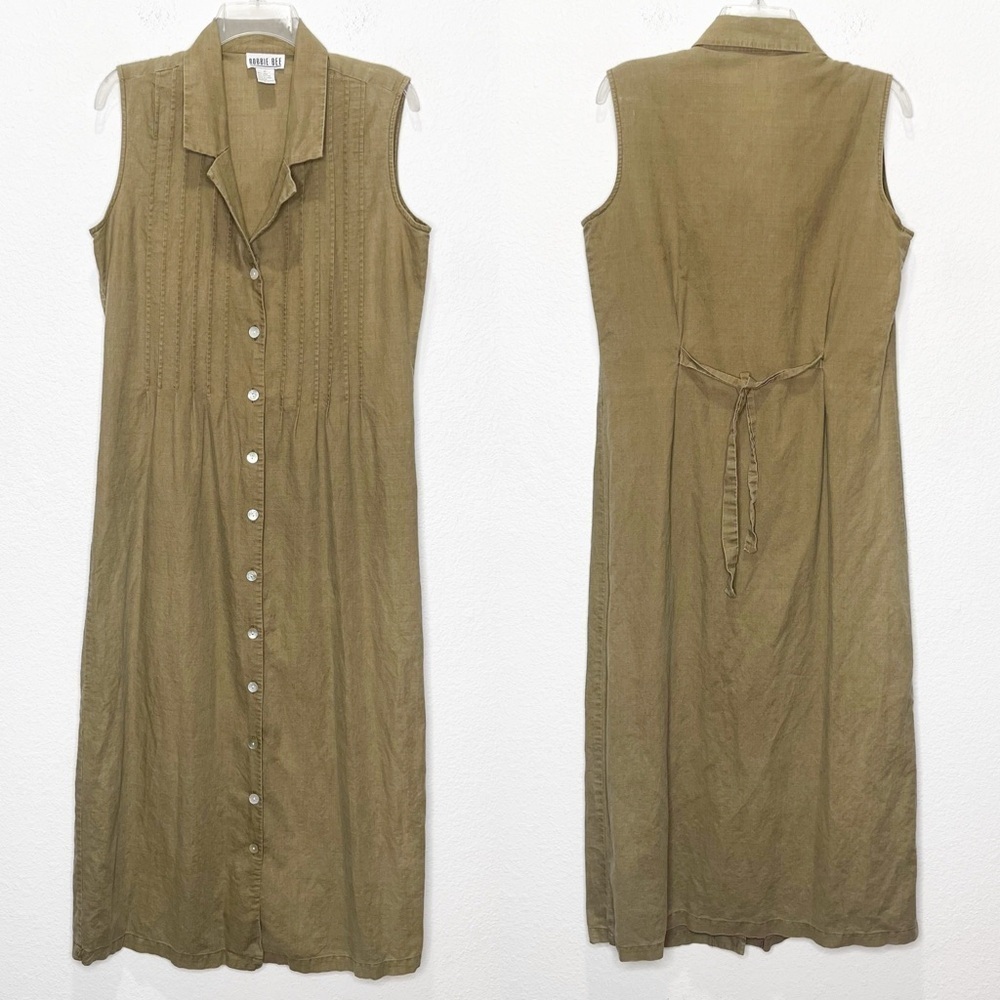 Robbie Bee Vintage Linen Blend Tie Button Up Maxi Dress Olive Green Lagenlook
